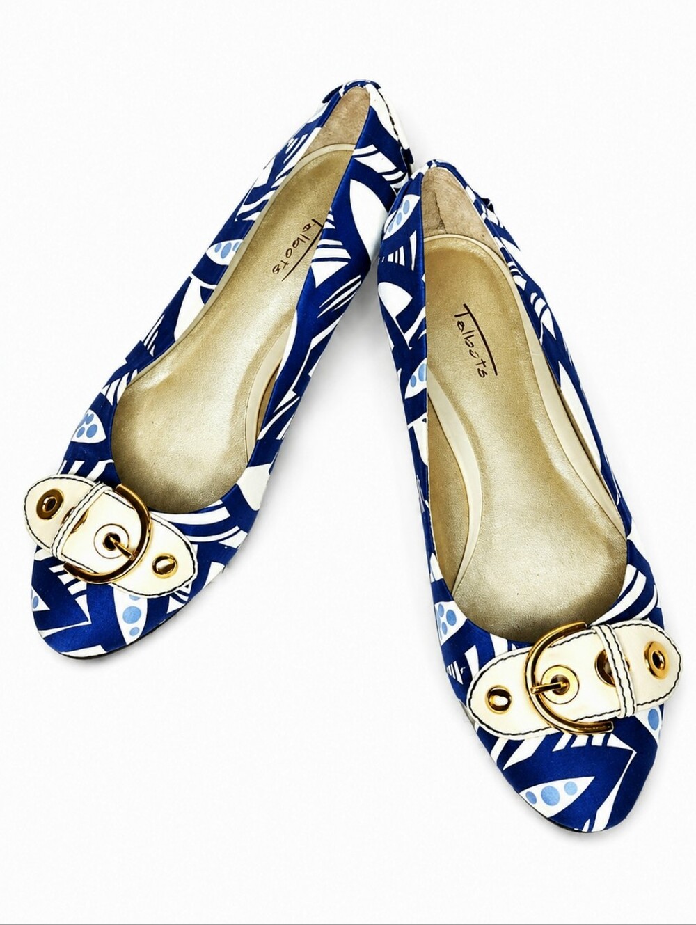 Talbots Blue Fabric Geometric Leaves Creamy Leather Gold Buckles Slip On Flats